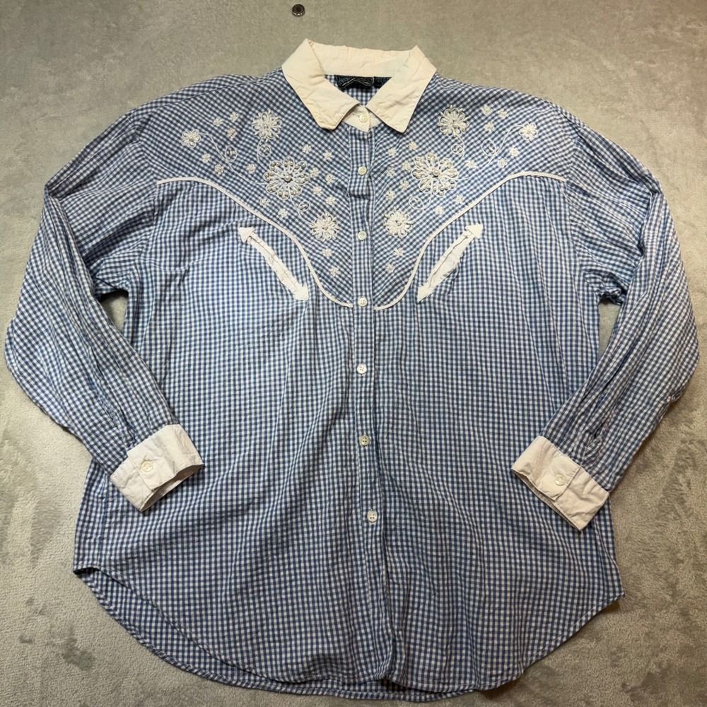 Vintage Western Gingham Embroidered Pearl Button Down Shirt Blue White XL 2XL‎
